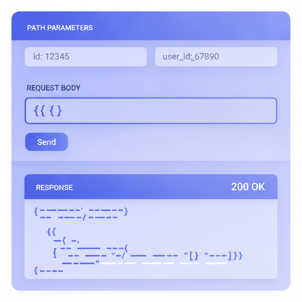 Close-up of a try-it console panel showing filled-in form fields for path parameters and request body, with a real 200 OK JSON response displayed below the Send button