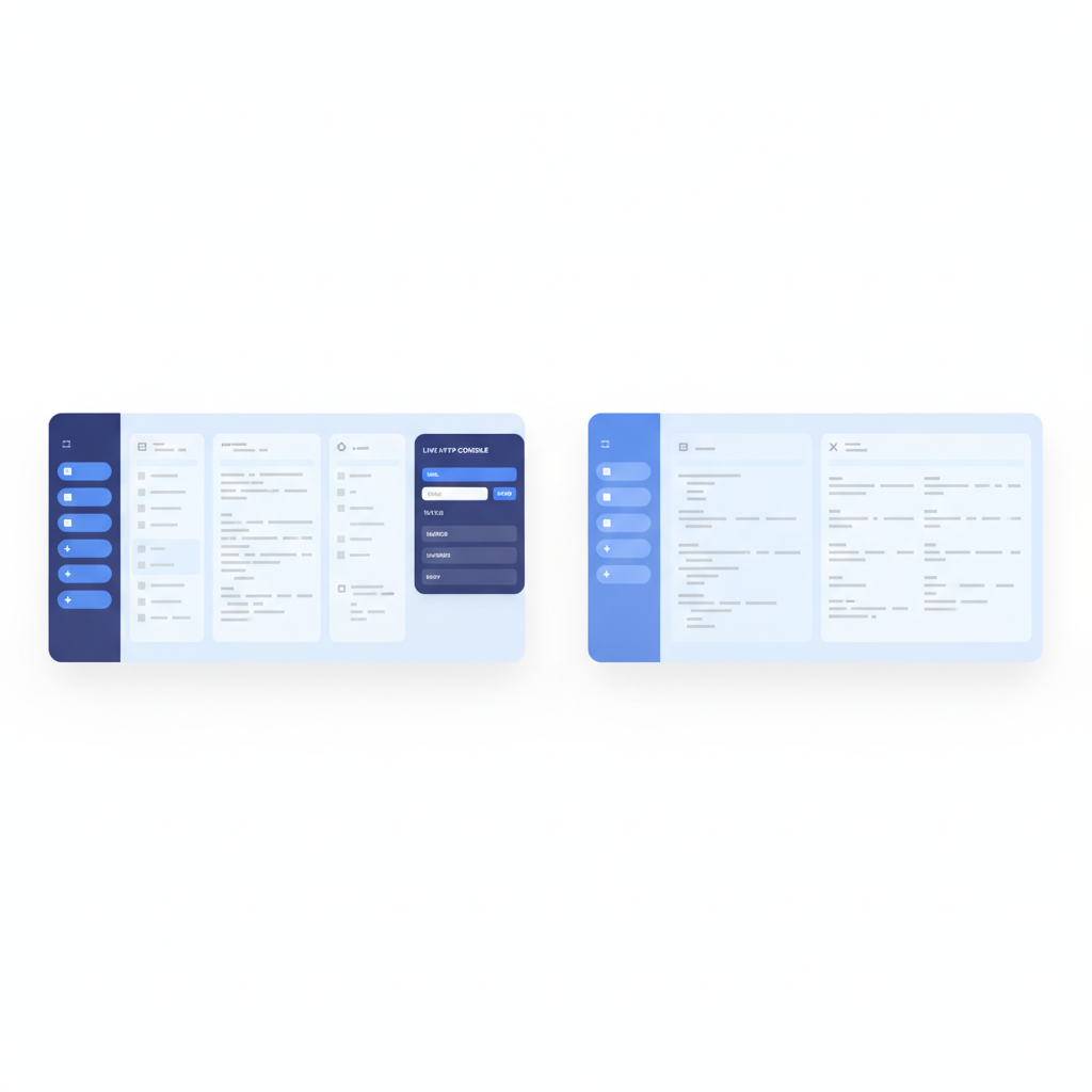 A side-by-side screenshot mockup of two API docs interfaces, one showing a 3-column layout with navigation on the left, content in the center, and a live HTTP console on the right, the other showing a simple 2-column static layout