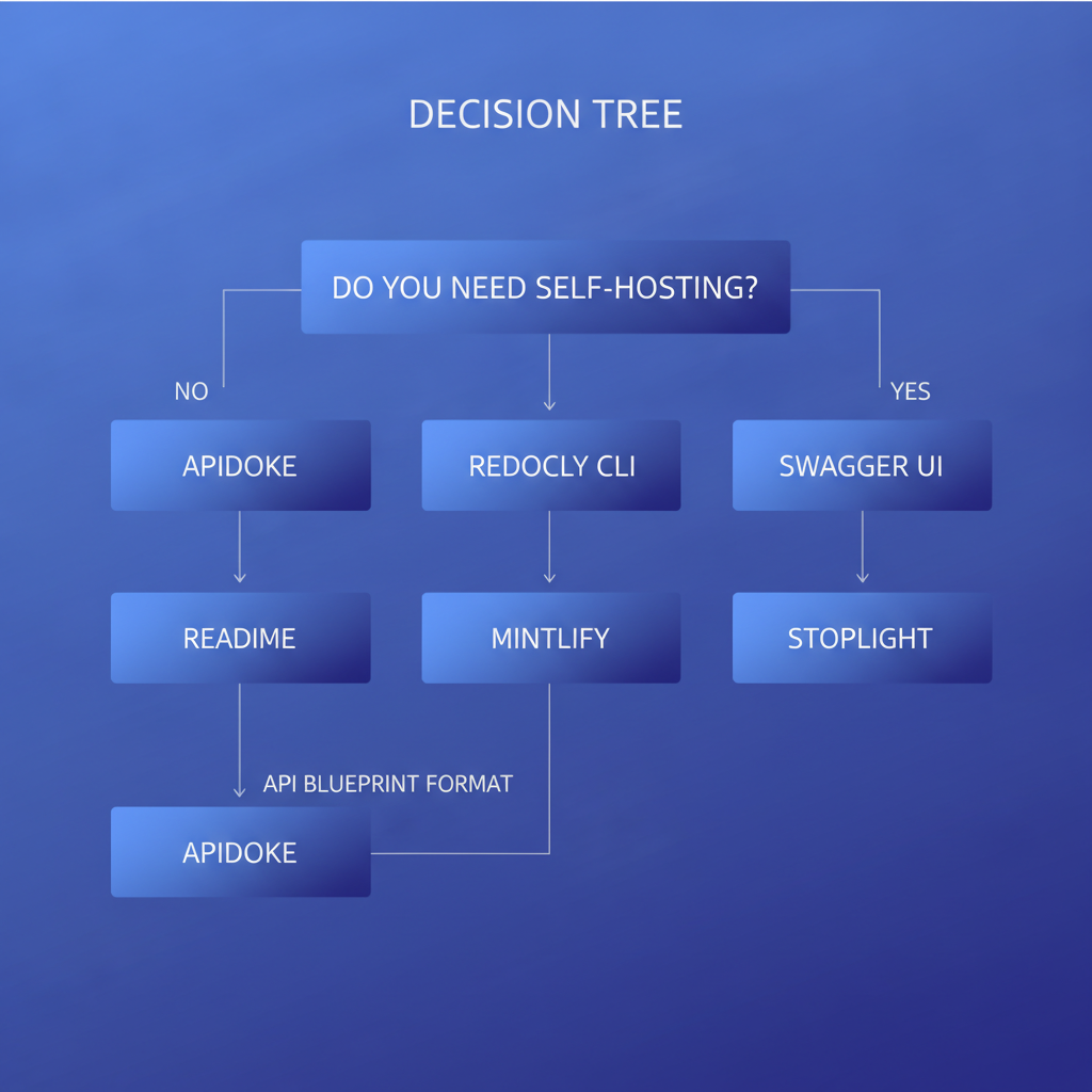A flowchart showing a decision tree starting with Do you need self-hosting, branching to Yes pointing to Apidoke, Redocly CLI, or Swagger UI, and No pointing to ReadMe, Mintlify, or Stoplight, with a further branch for API Blueprint format pointing to Apidoke