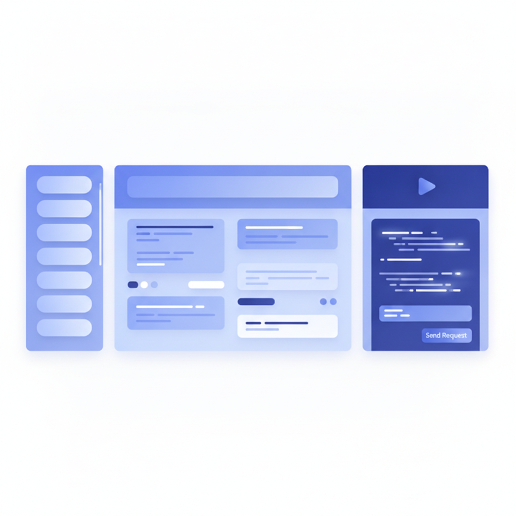 Three-column API reference layout showing navigation sidebar, endpoint description, and live try-it console panel