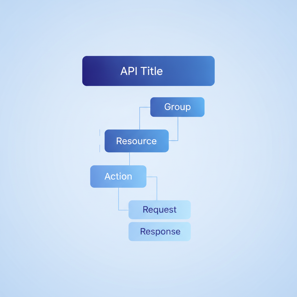 A vertical diagram showing the API Blueprint document hierarchy: API title at top, then Group, Resource, Action, Request, and Response nested inside each other with indentation lines