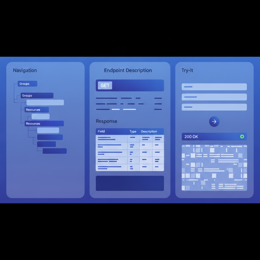 Screenshot-style illustration of a 3-column API doc layout: left column shows a navigation tree with Groups and Resources, center column shows a GET endpoint description with a response table, right column shows a try-it form with a Send button and a 200 OK response body