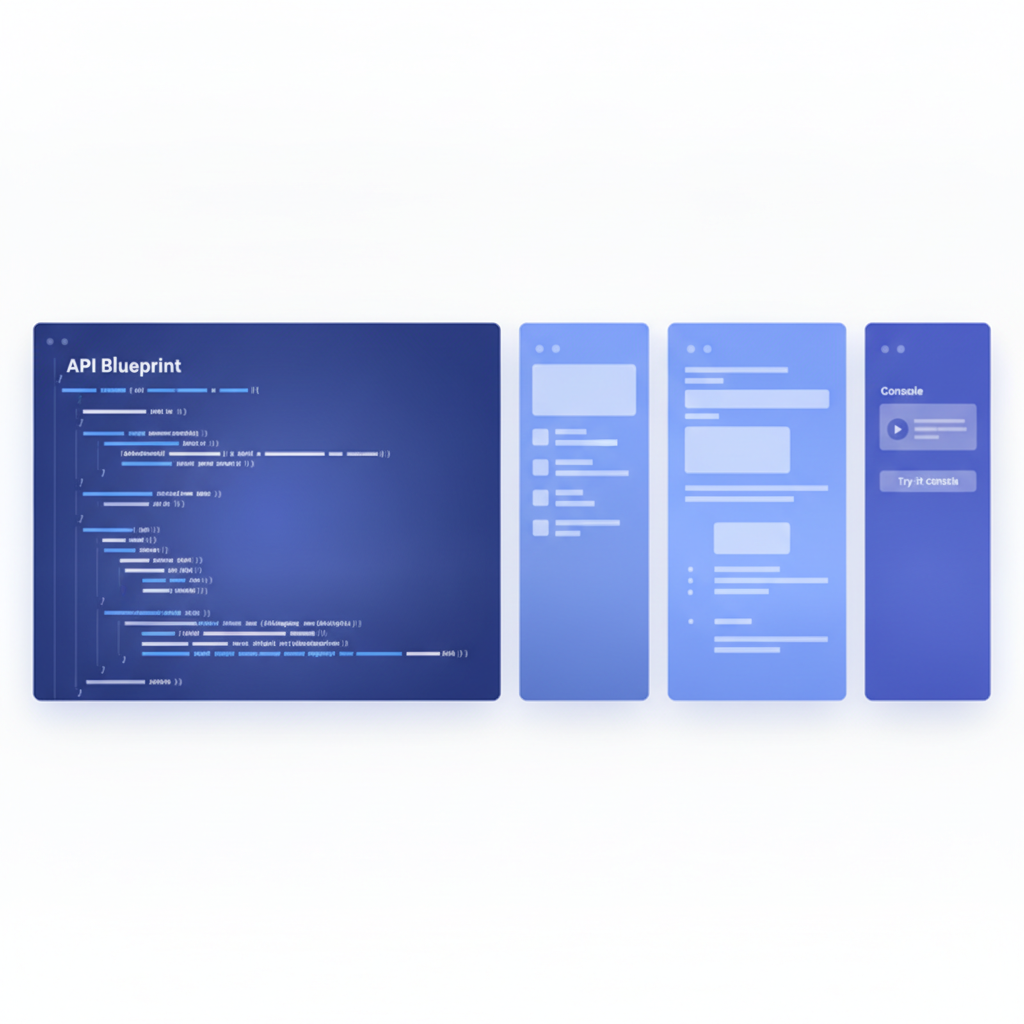 Split-pane editor on the left with API Blueprint markdown, 3-column rendered documentation preview on the right showing navigation, content, and try-it console