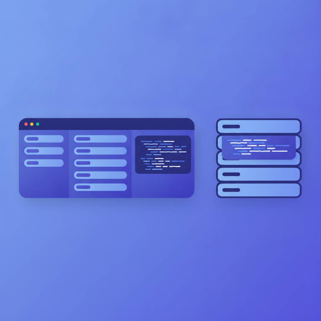 side-by-side illustration of a three-column API doc viewer versus a single-column accordion layout, no text labels