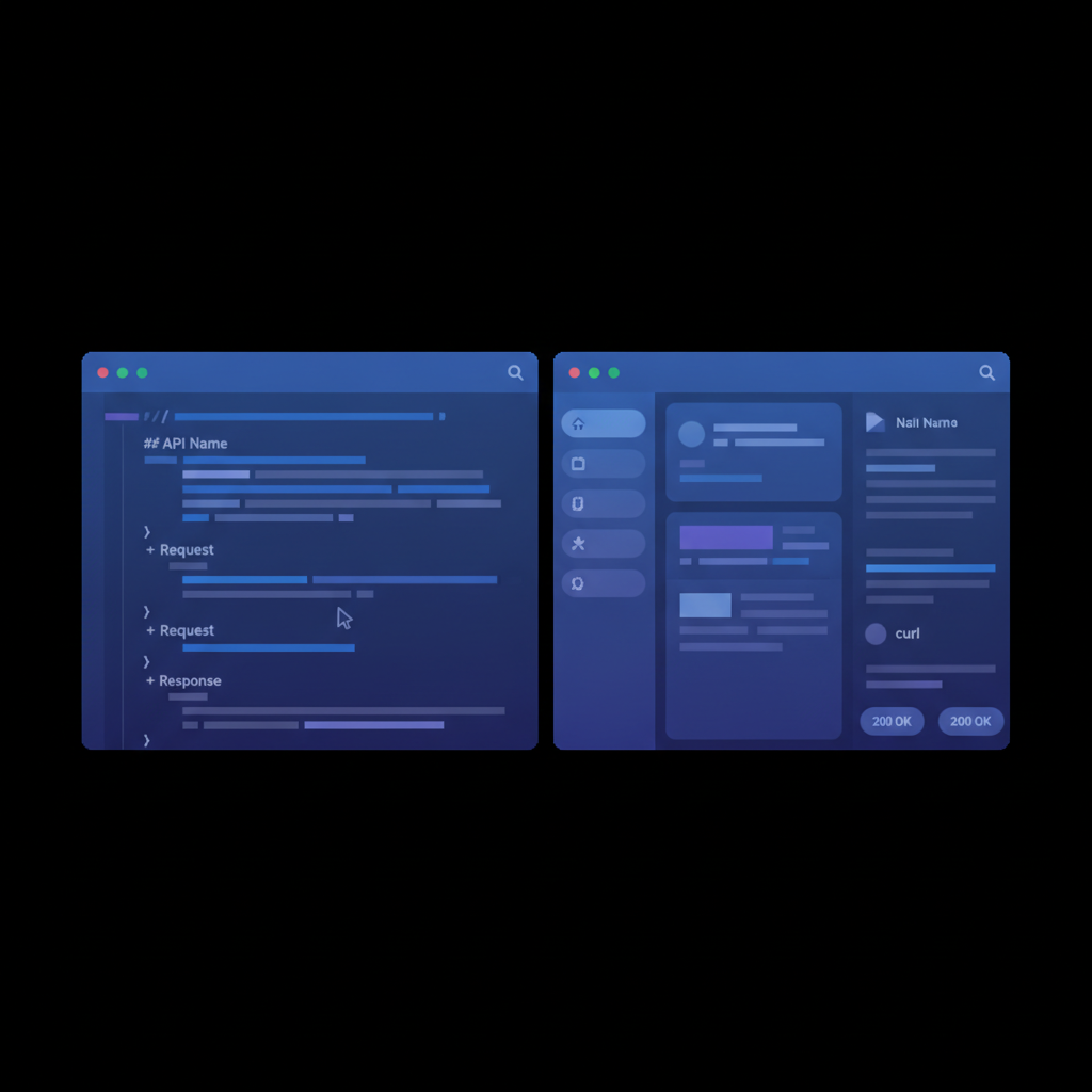 CodeMirror split-pane editor with API Blueprint source on the left and a rendered three-column preview on the right, no text overlay