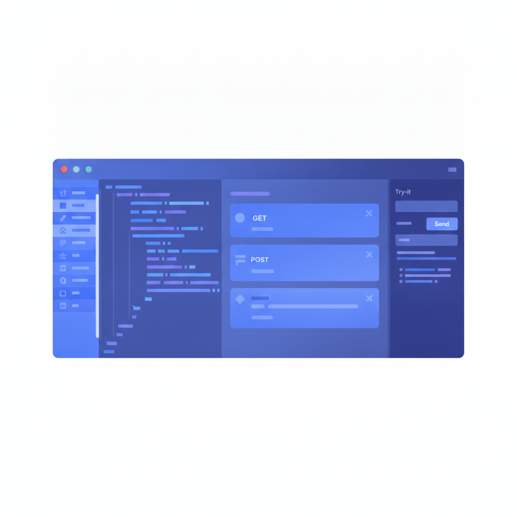 split-pane CodeMirror editor showing API Blueprint source on the left and the rendered three-column viewer on the right with a try-it panel open