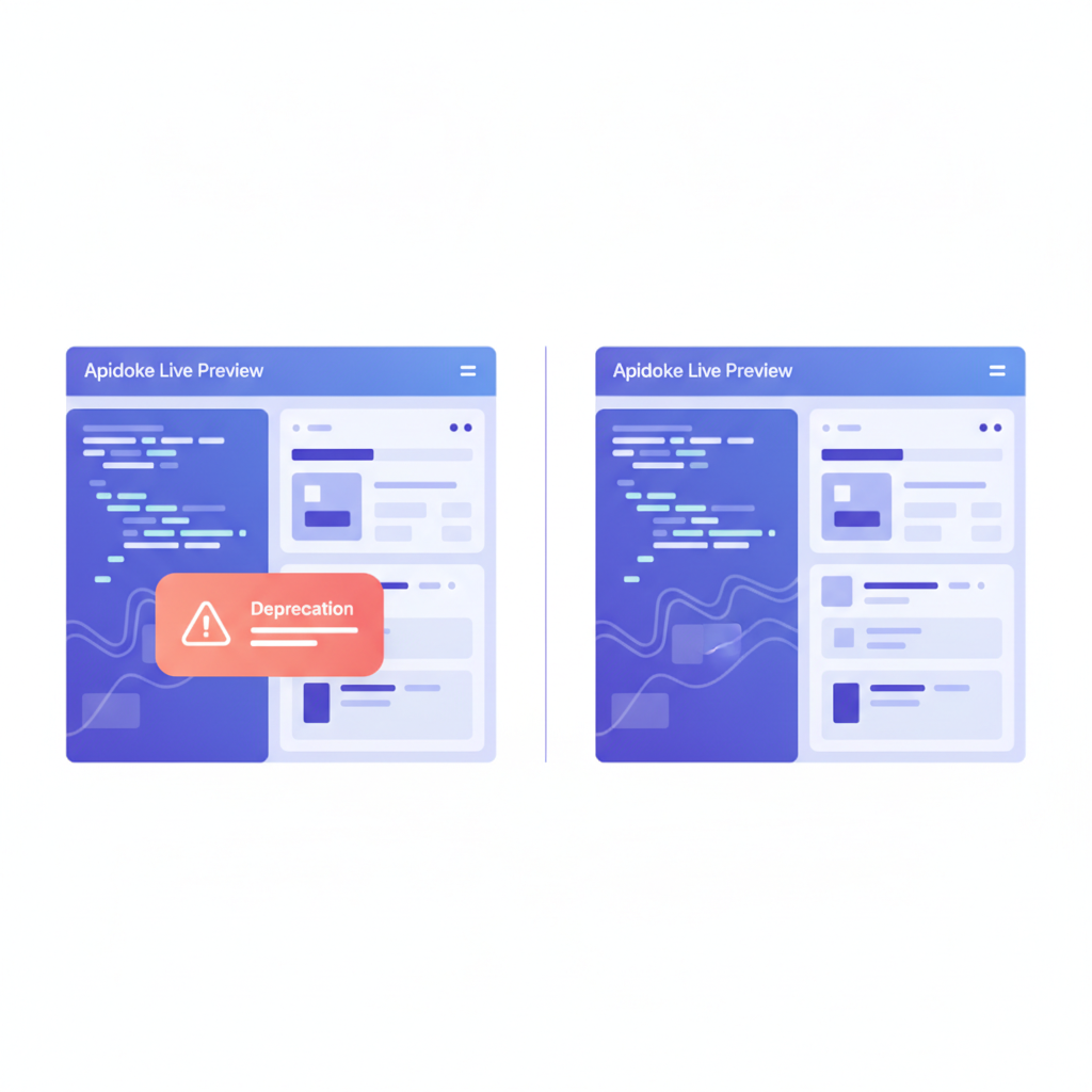 Split-screen showing two versions of an API Blueprint document side by side in Apidoke's live preview, with a deprecation callout visible on the left panel