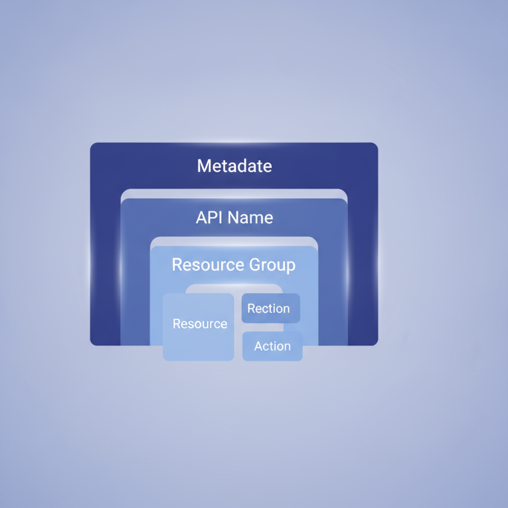 Diagram showing the four-level hierarchy: metadata, API name, resource group, resource, action, displayed as nested indented blocks