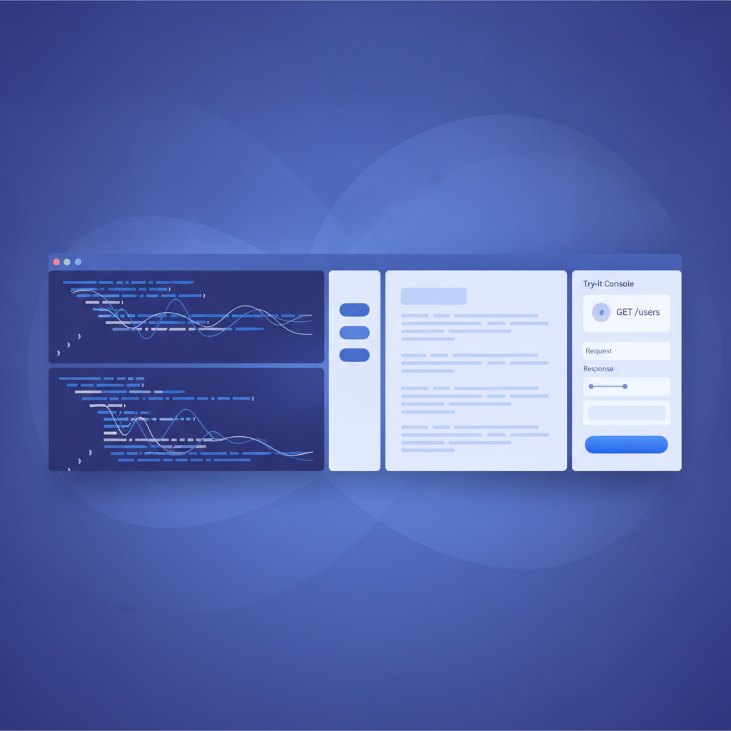 Split-pane CodeMirror editor on the left with API Blueprint markdown, live 3-column preview on the right showing navigation, content, and try-it console