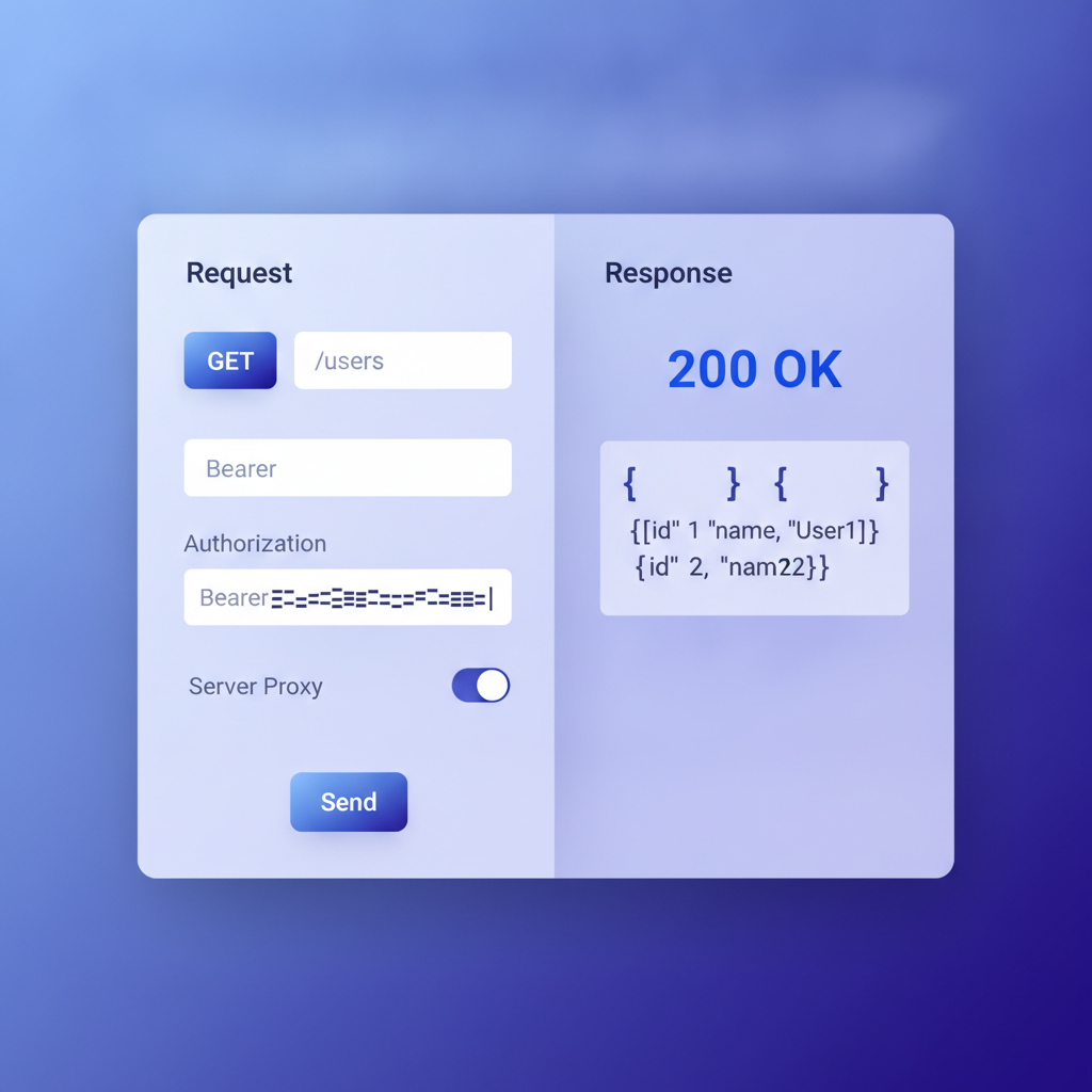 Try-it console panel showing a GET request to /users with a 200 OK response body containing a JSON array, Bearer token field filled in, no server proxy involved