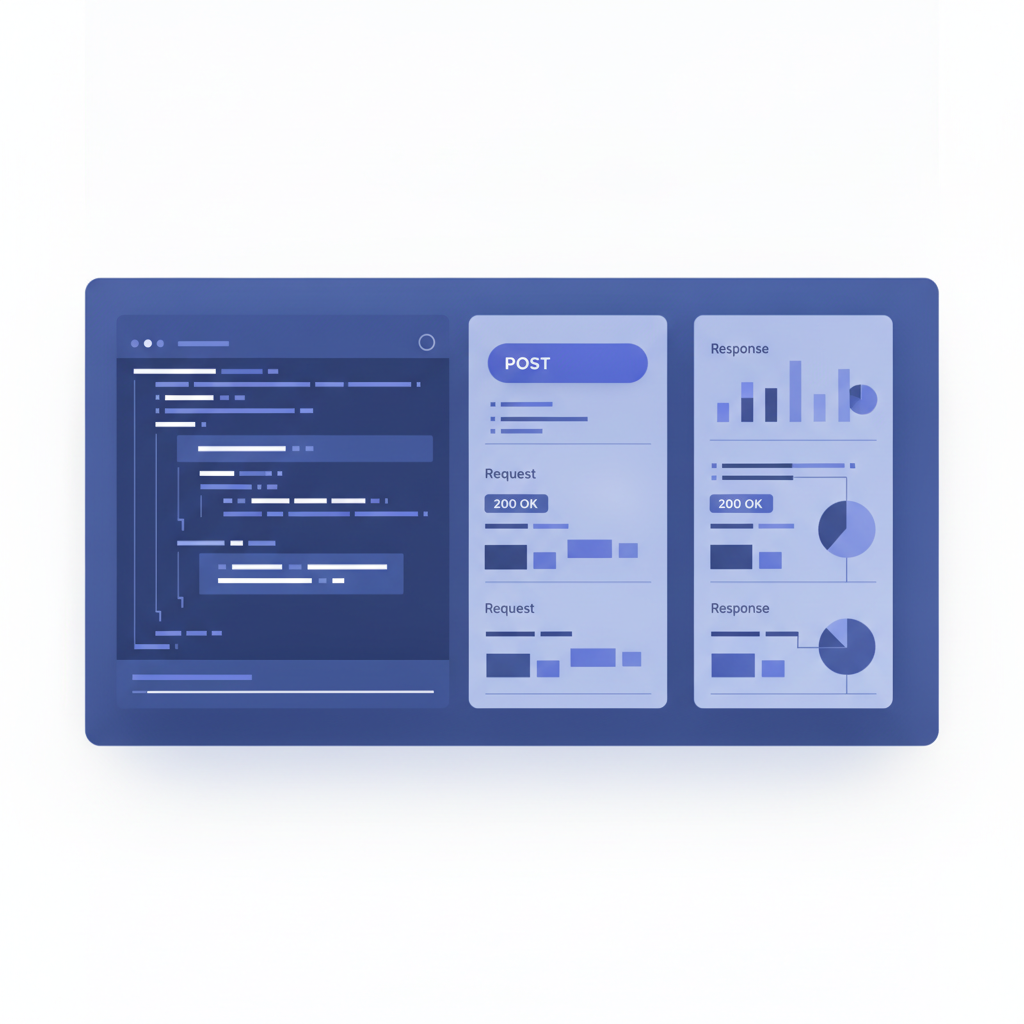 Split-pane API Blueprint editor on the left with a live three-column rendered preview on the right, showing a POST endpoint with request and response bodies