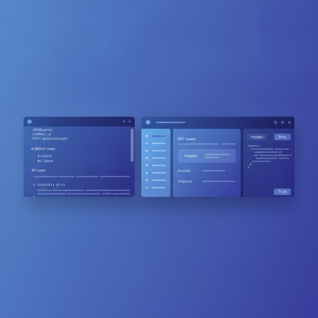 Side-by-side comparison of an API Blueprint source file in plain text on the left and the rendered three-column documentation viewer on the right, showing navigation, endpoint descriptions, and a try-it console