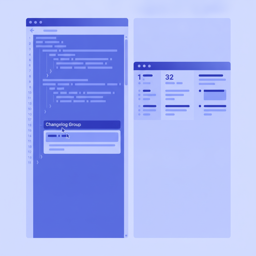 A split-pane CodeMirror editor showing API Blueprint source on the left with a Changelog group being edited, and the rendered 3-column preview on the right showing the formatted changelog entry