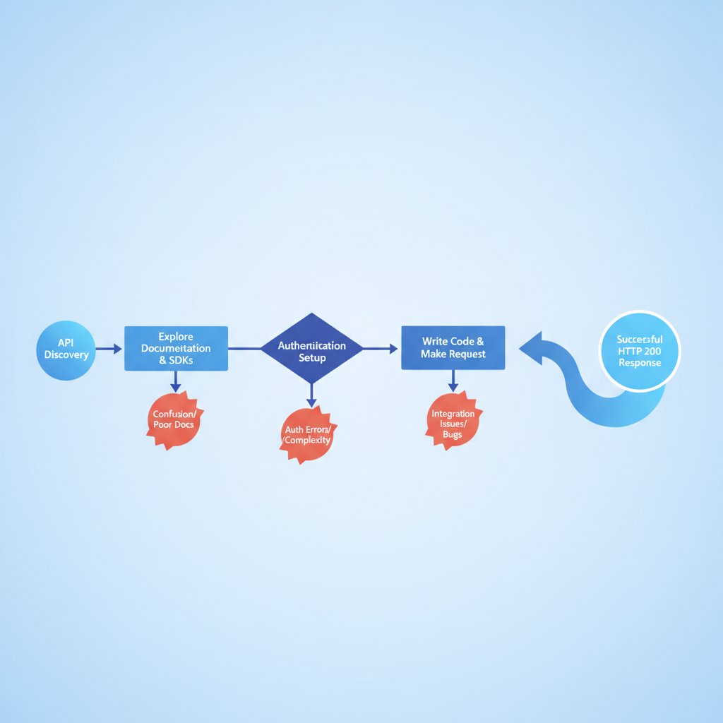 A flowchart showing the developer journey from API discovery through authentication setup to first successful HTTP 200 response, with common drop-off points labeled