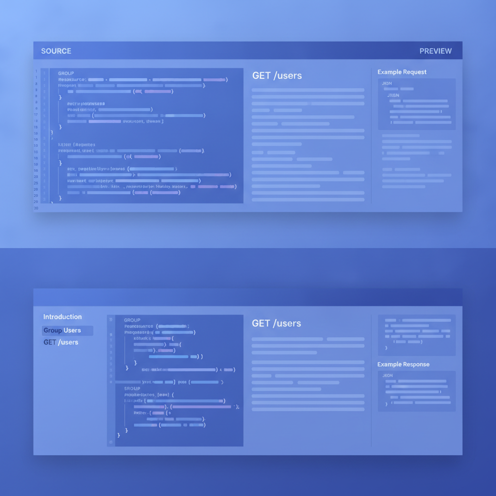 Split-pane CodeMirror editor showing API Blueprint source on the left and a rendered 3-column API reference preview on the right