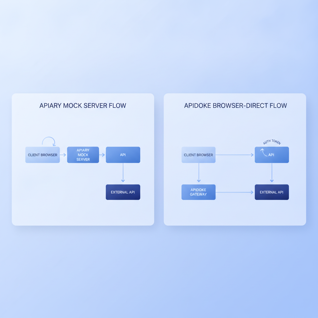 Side-by-side diagram showing Apiary mock server request flow vs Apidoke browser-direct request flow with auth token staying client-side