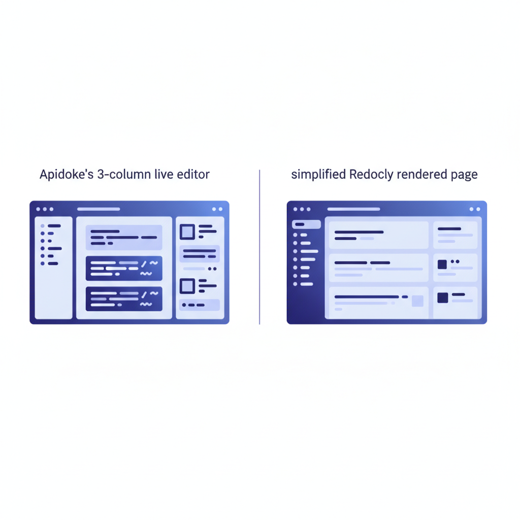 side-by-side concept showing Apidoke's 3-column live editor on the left and a simplified Redocly rendered page on the right, no text in the image