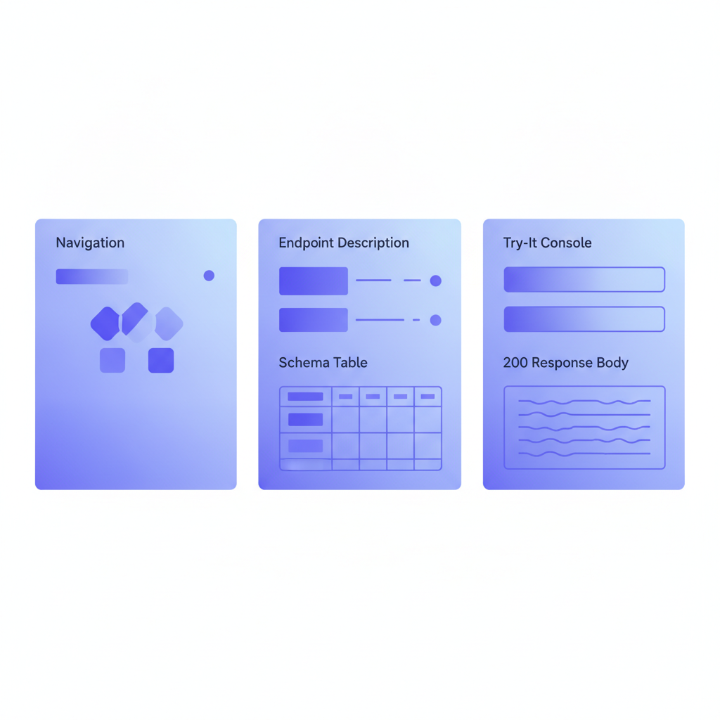 Three-column Apidoke reference view showing left navigation with Charges group, center panel with endpoint description and schema table, right panel with try-it console fields and a 200 response body, no text overlay