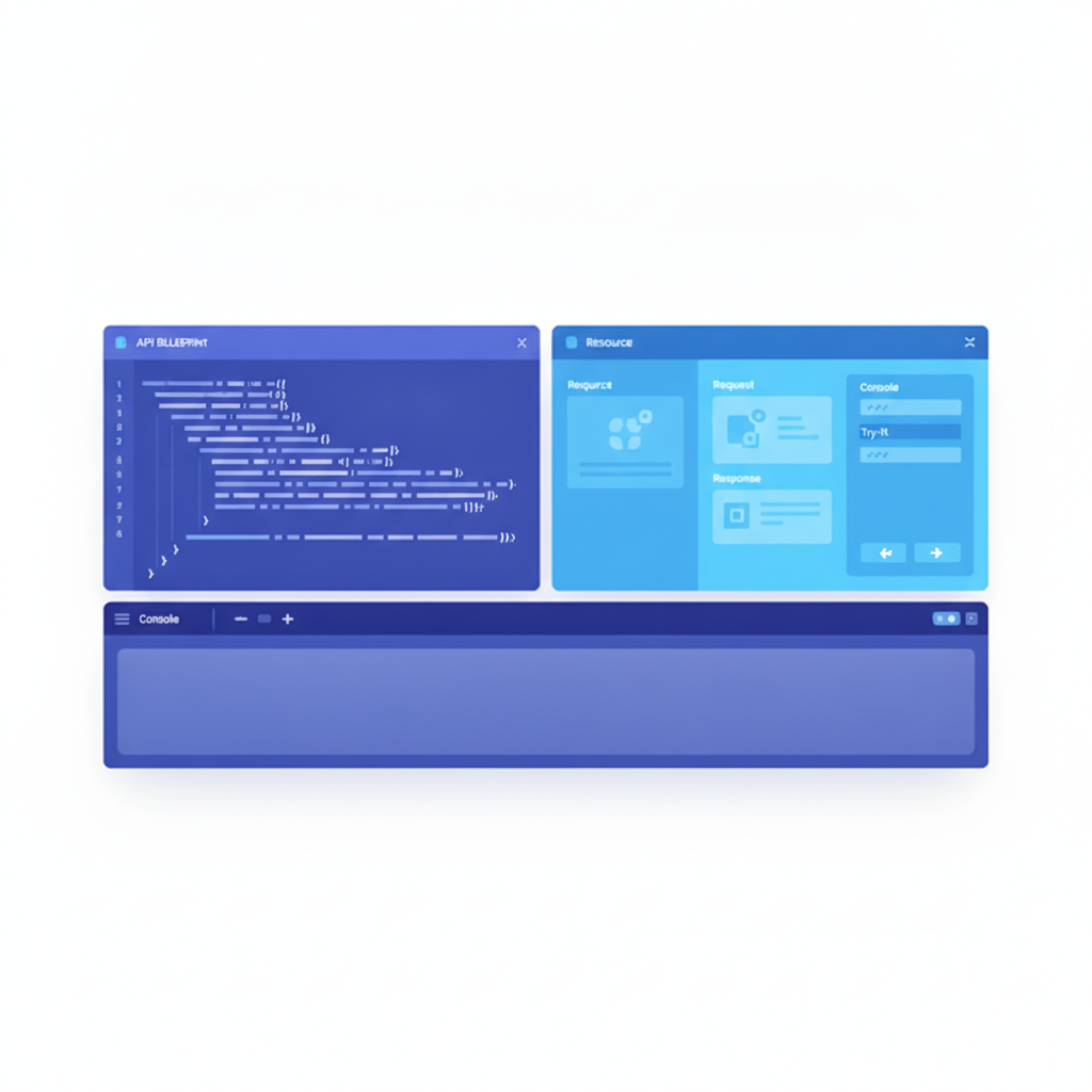 Apidoke's split-pane editor showing API Blueprint source on the left and a rendered 3-column reference preview on the right, with a visible try-it console panel