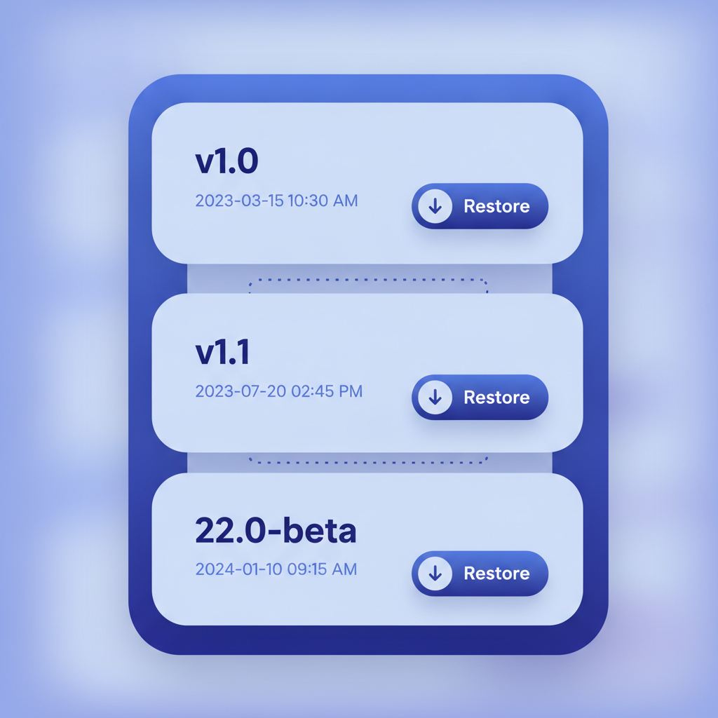 Version history panel showing three named snapshots (v1.0, v1.1, v2.0-beta) with timestamps and a restore button