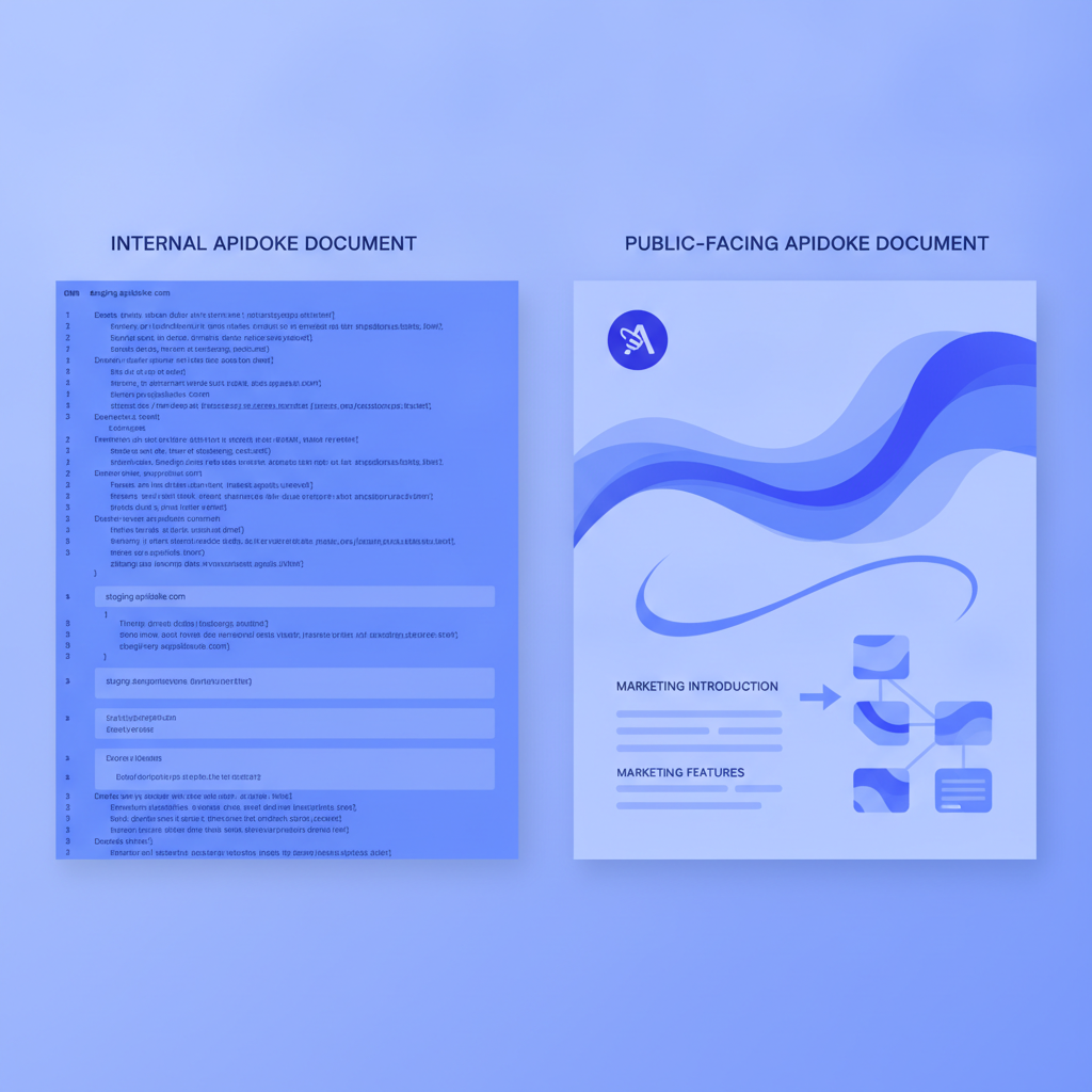 Side-by-side comparison of an internal Apidoke doc (plain, dense, staging URLs visible) versus a public-facing doc (polished header, marketing intro)