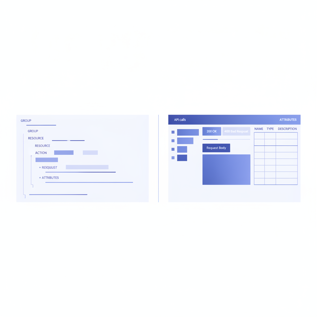 A split-pane diagram showing API Blueprint source on the left and the rendered three-column Apidoke viewer on the right, highlighting the request body, response status tabs, and attributes table