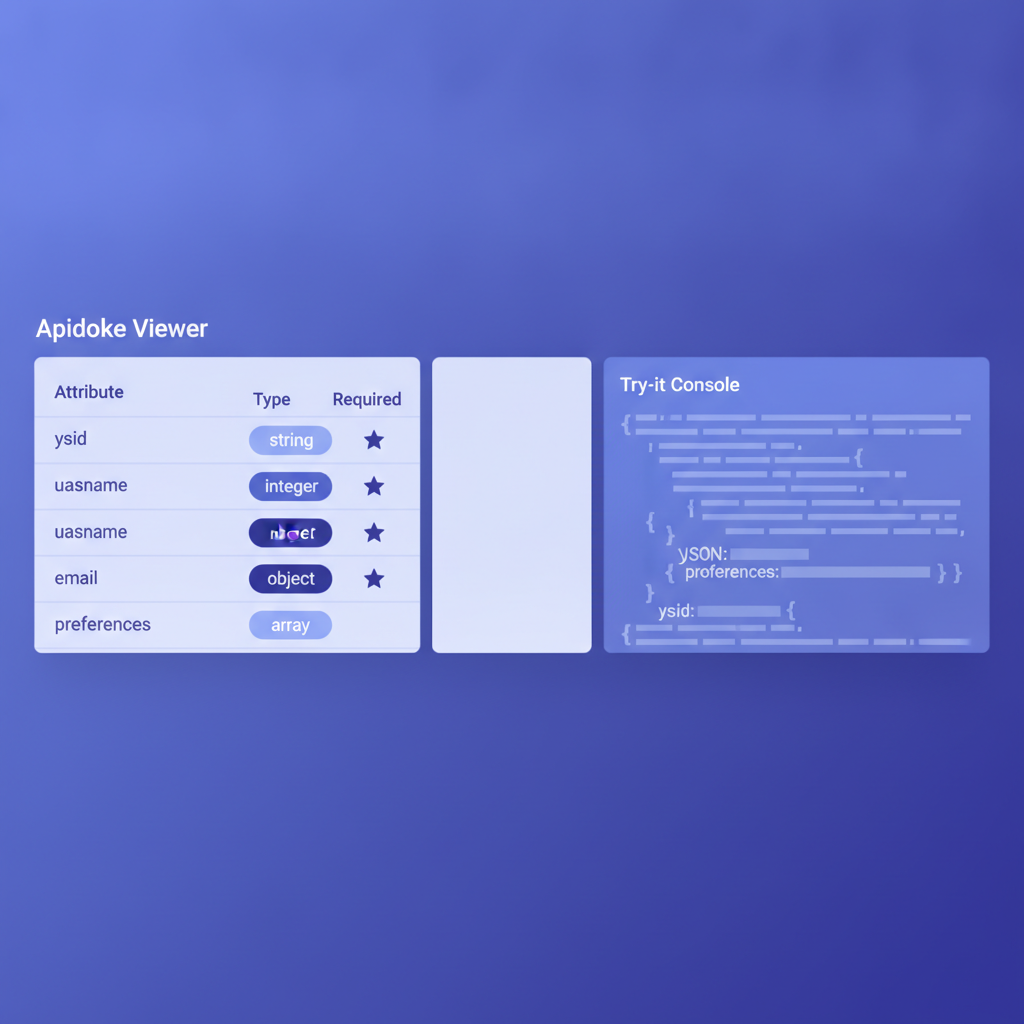Close-up of the Apidoke three-column viewer showing the attributes table for a User response with type badges, required markers, and the pre-filled JSON body in the try-it console