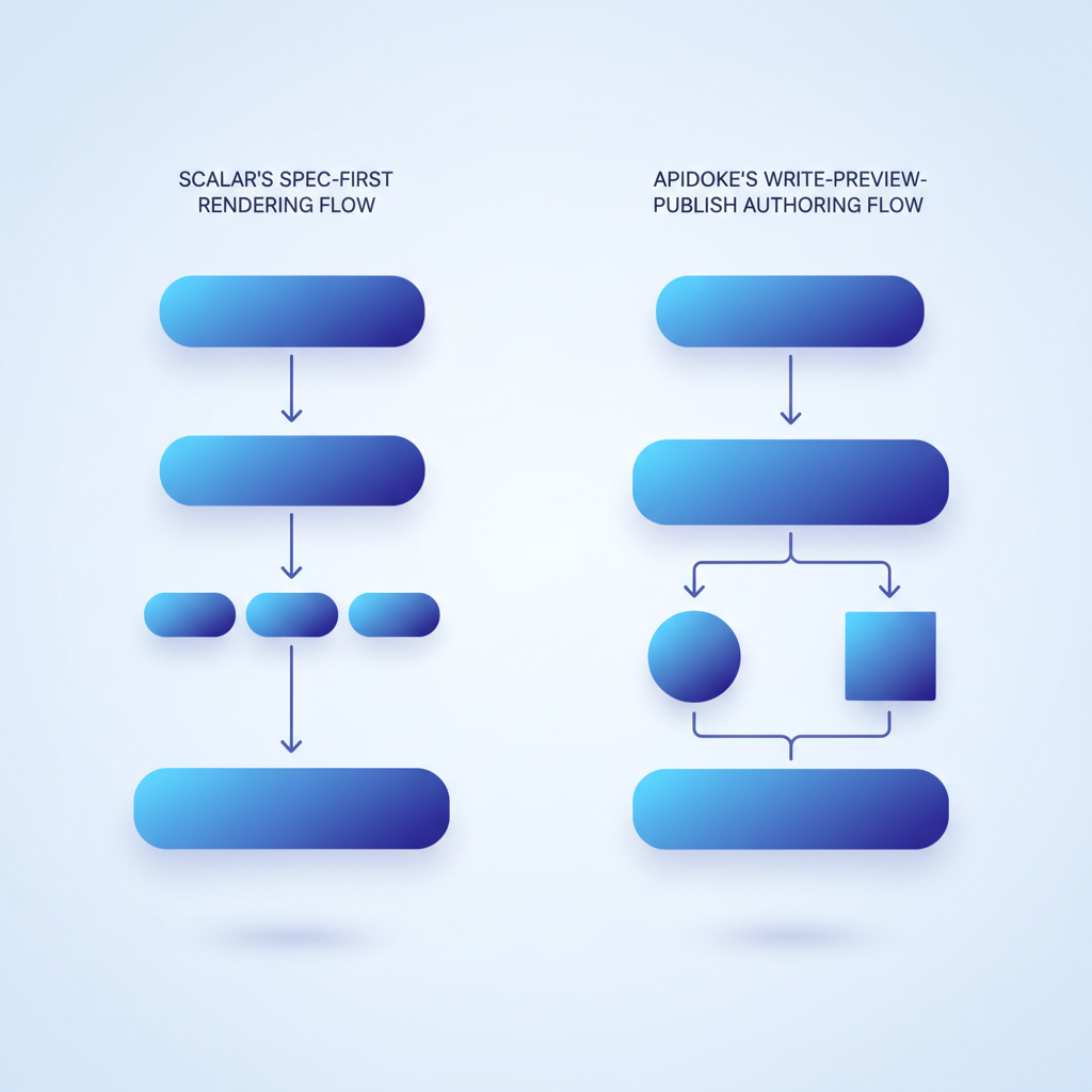 Side-by-side diagram showing Scalar's spec-first rendering flow versus Apidoke's write-preview-publish authoring flow, no text labels