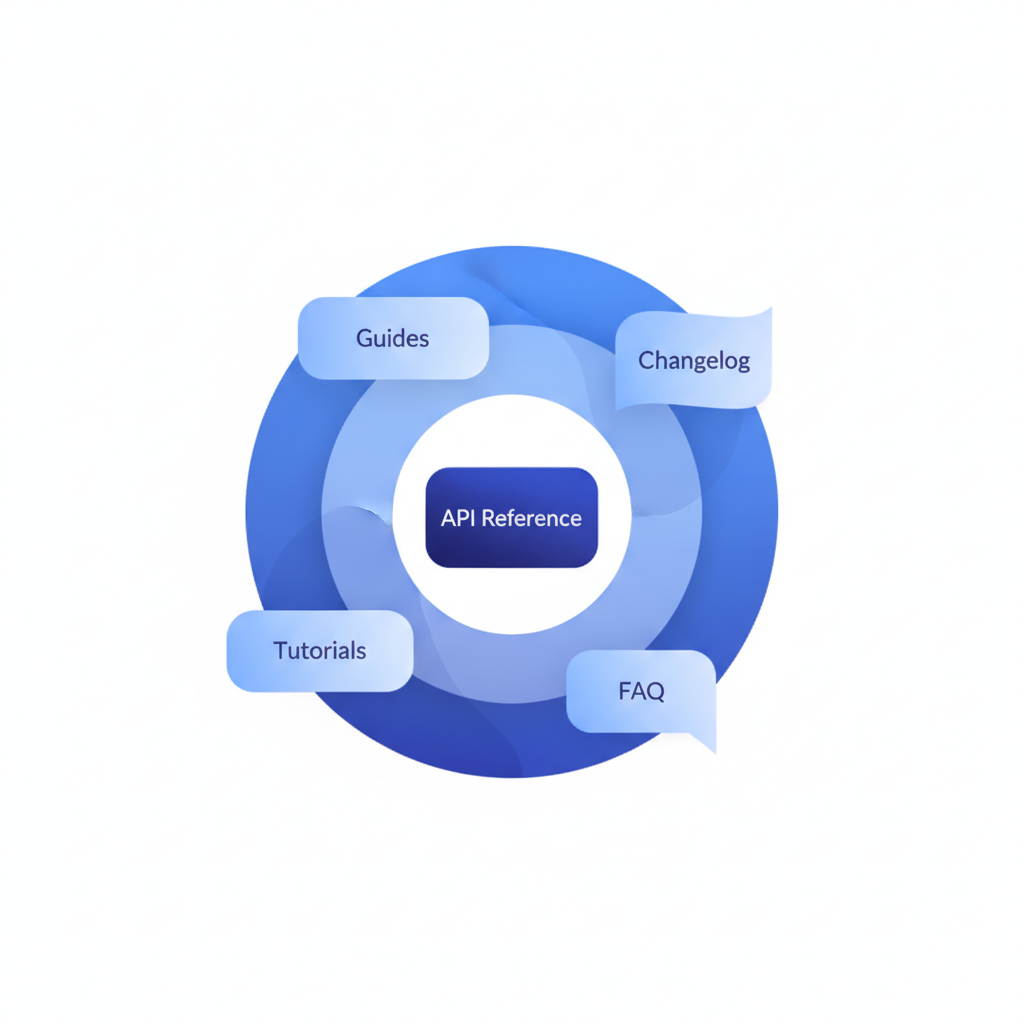 A layered diagram showing an API reference as the foundation layer, with a developer portal as the outer layer containing guides, tutorials, changelog, and FAQ sections built around it