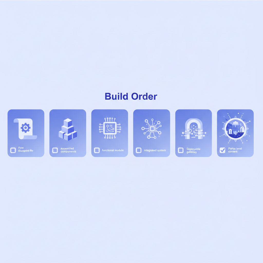 A six-step visual checklist showing the build order from raw Blueprint file through to portal-level content, with checkboxes next to each step