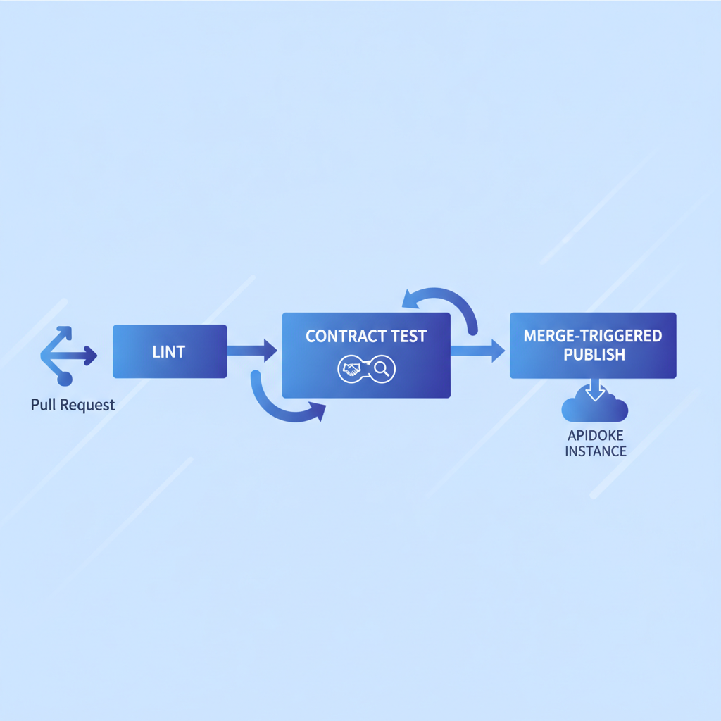 Diagram showing a CI/CD pipeline with three stages: a pull request lint stage, a contract test stage, and a merge-triggered publish stage pointing to an Apidoke instance