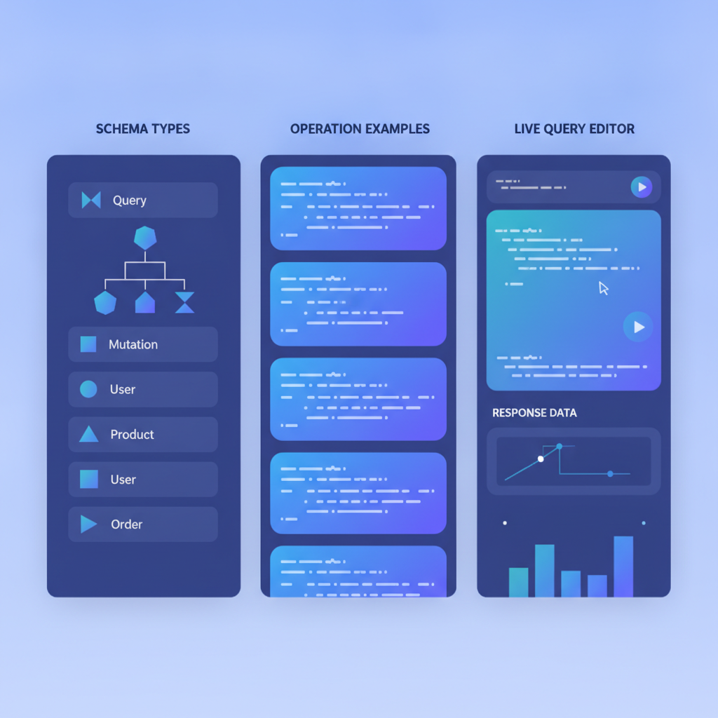 screenshot-style illustration of a GraphQL documentation site showing a left navigation with schema types, a center column with operation examples, and a right column with a live query editor