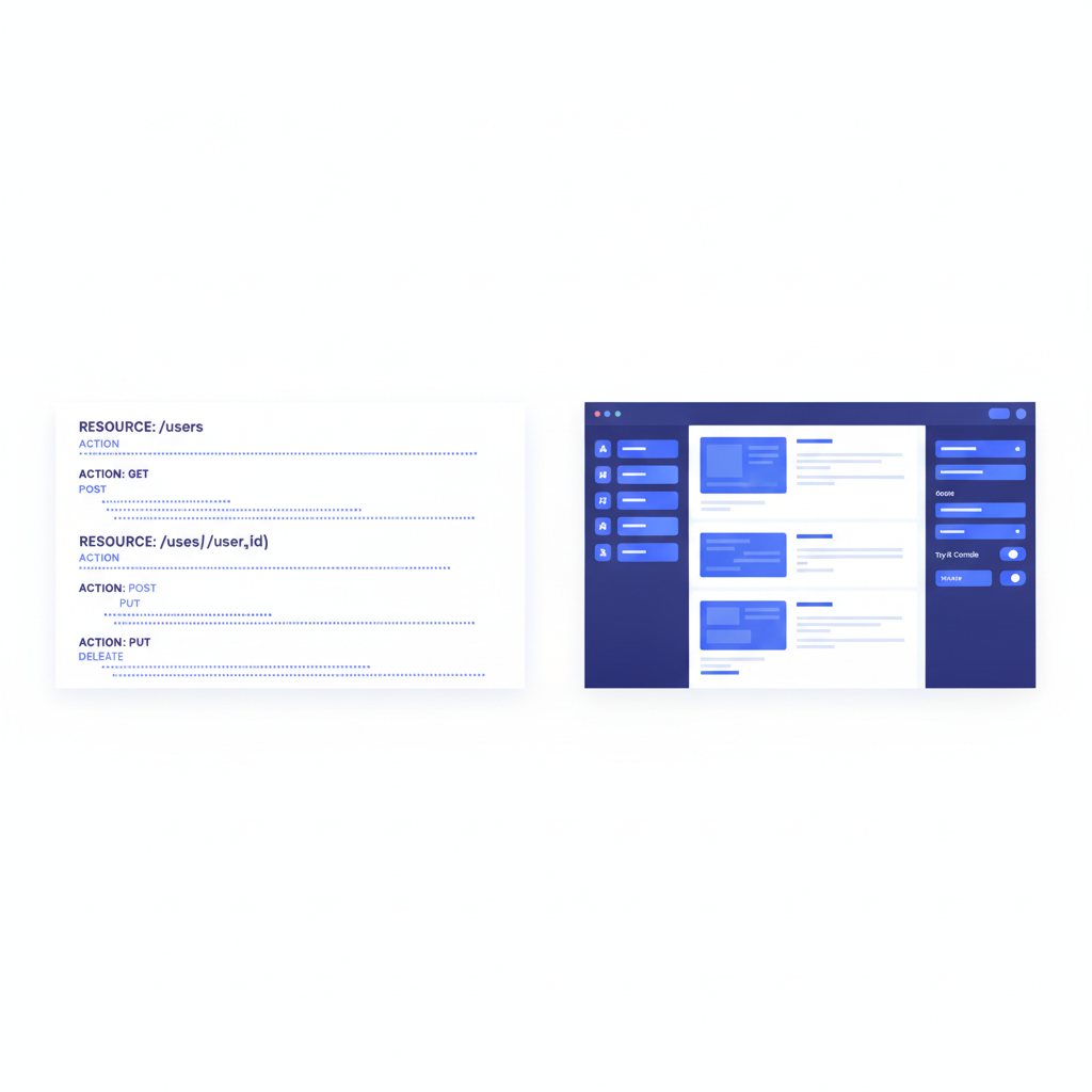 Split-pane diagram showing raw API Blueprint text on the left (resource and action headings) and the rendered three-column Apidoke viewer on the right with navigation, content, and try-it console visible
