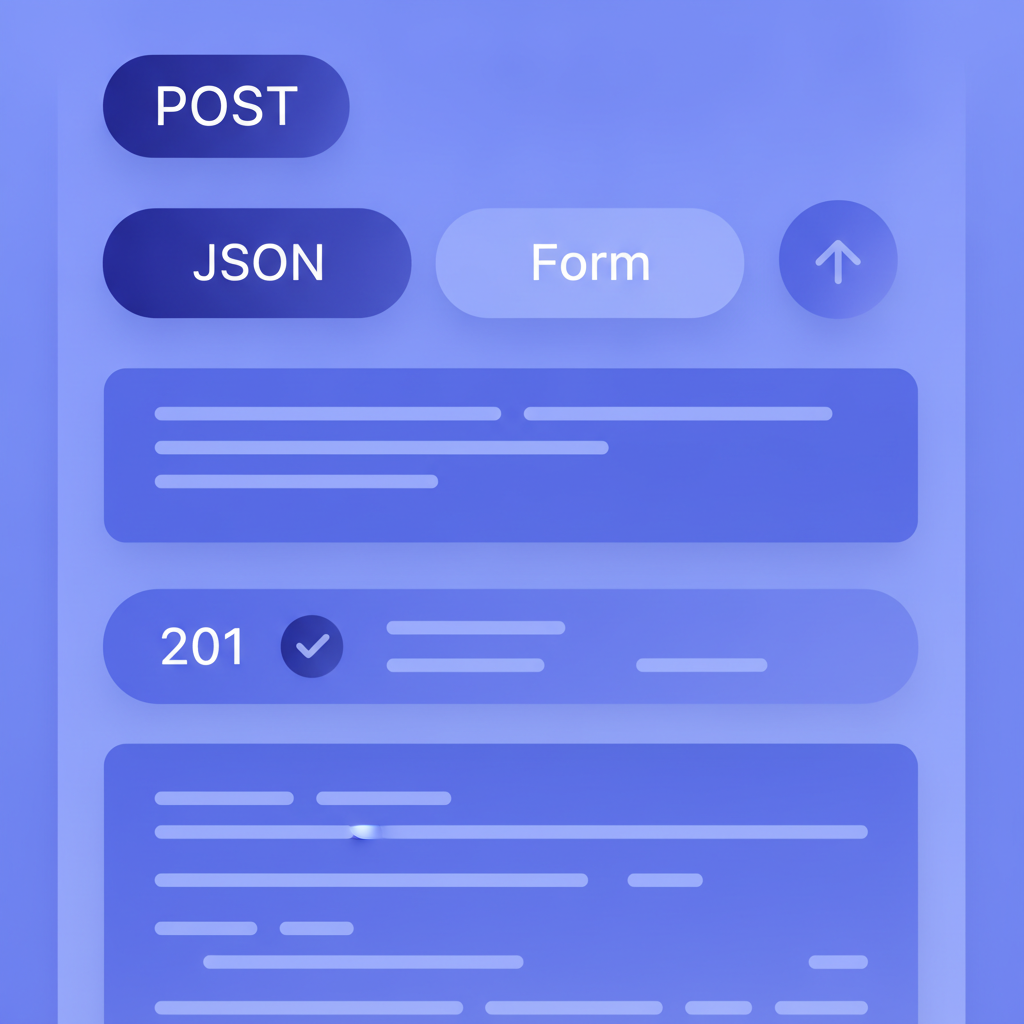 Close-up of Apidoke's try-it console panel showing a POST action with two request tabs (JSON and Form), a Send button, and a 201 response body rendered below