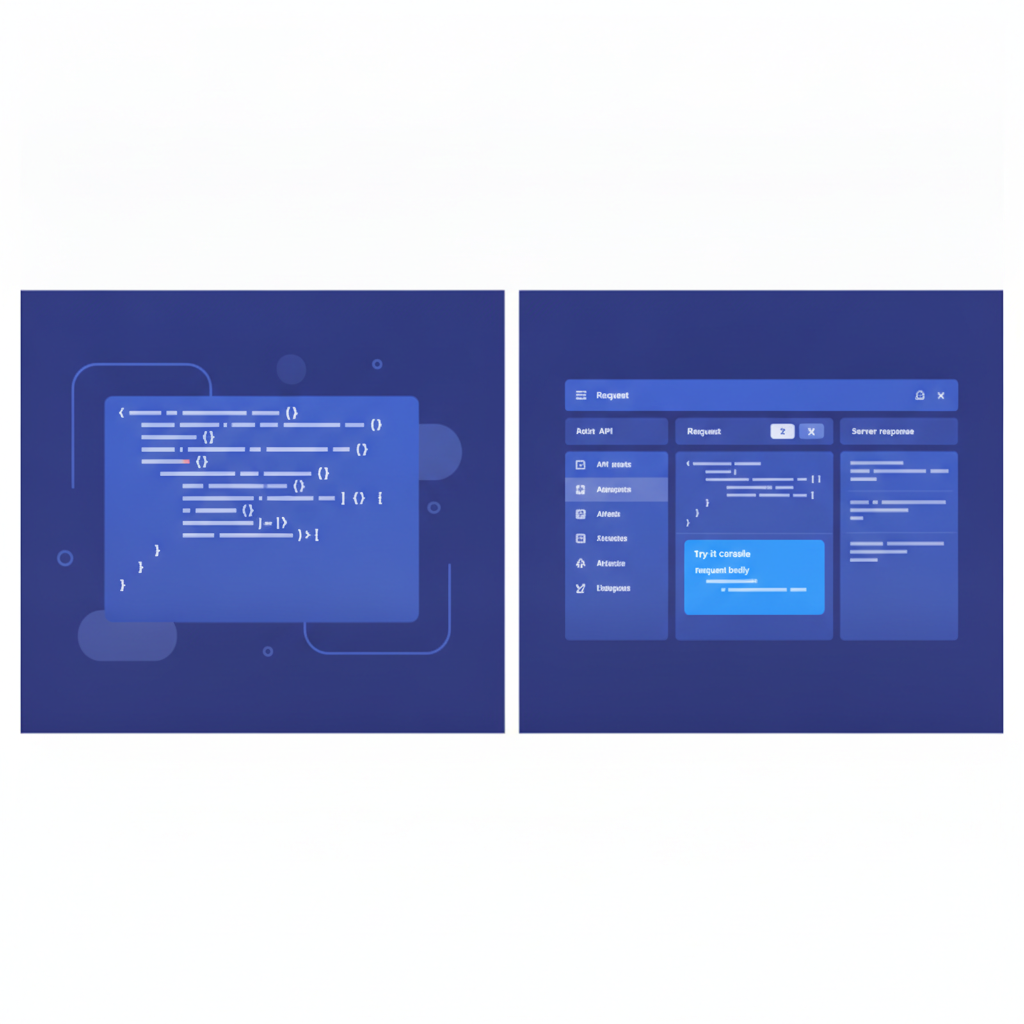 Side-by-side view showing an API Blueprint code block on the left and the rendered 3-column Apidoke output on the right, with the request body highlighted in the try-it console