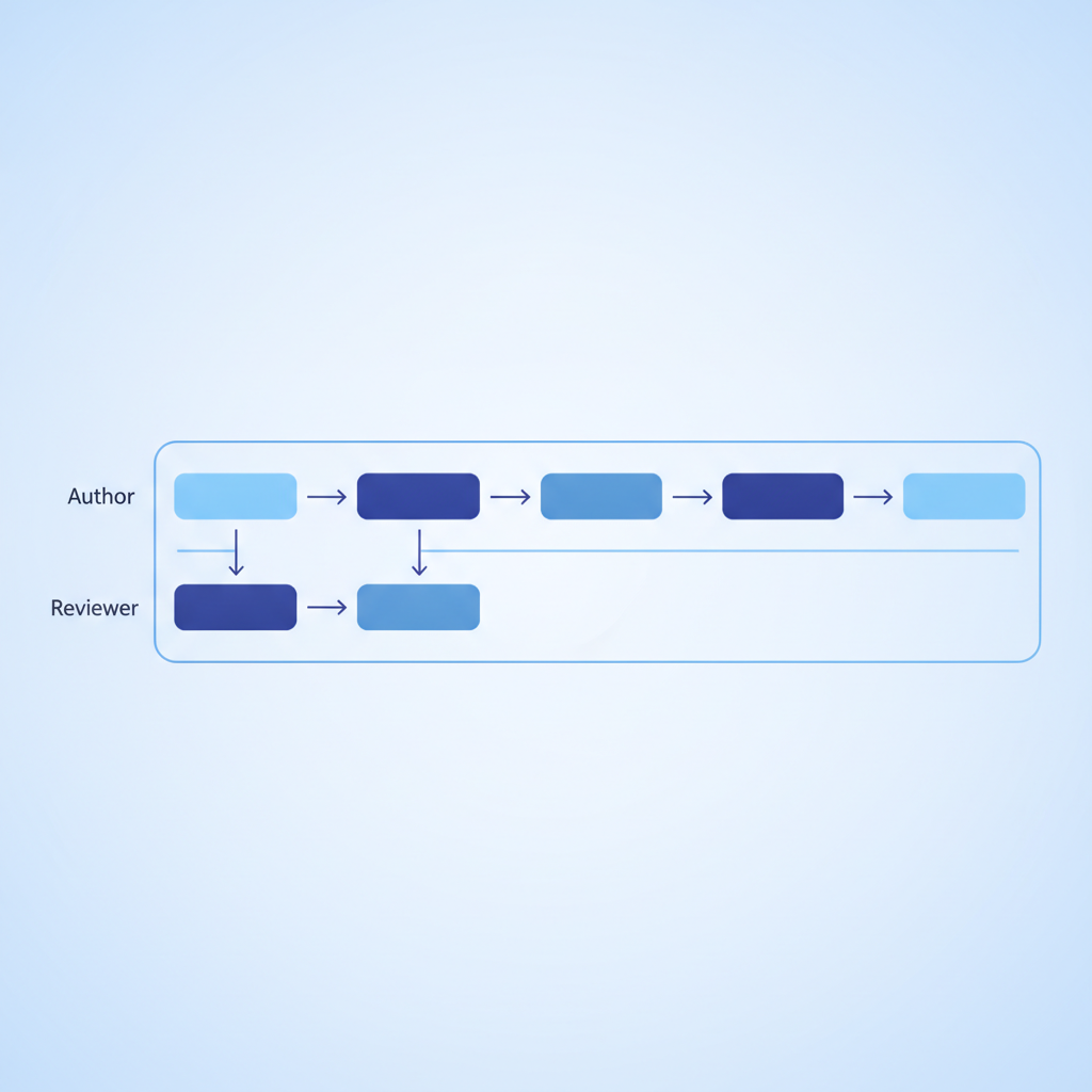 A horizontal swimlane diagram showing the six-step async review cycle with Author and Reviewer lanes, no text labels inside the image