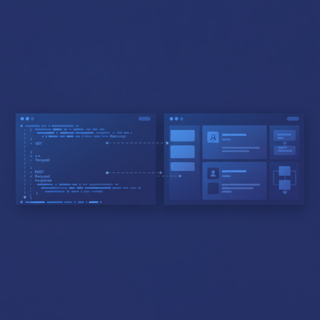 A split-pane view showing raw API Blueprint source on the left and the rendered 3-column doc output on the right, illustrating how a reviewer can cross-reference both simultaneously