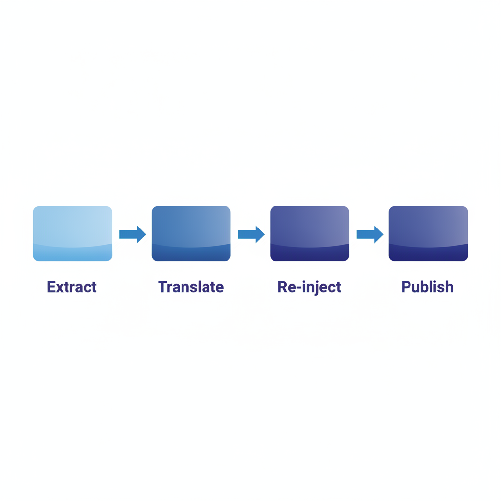 A diagram showing four horizontal pipeline stages: Extract, Translate, Re-inject, Publish, each with a brief label and connecting arrows, no text inside the shapes themselves