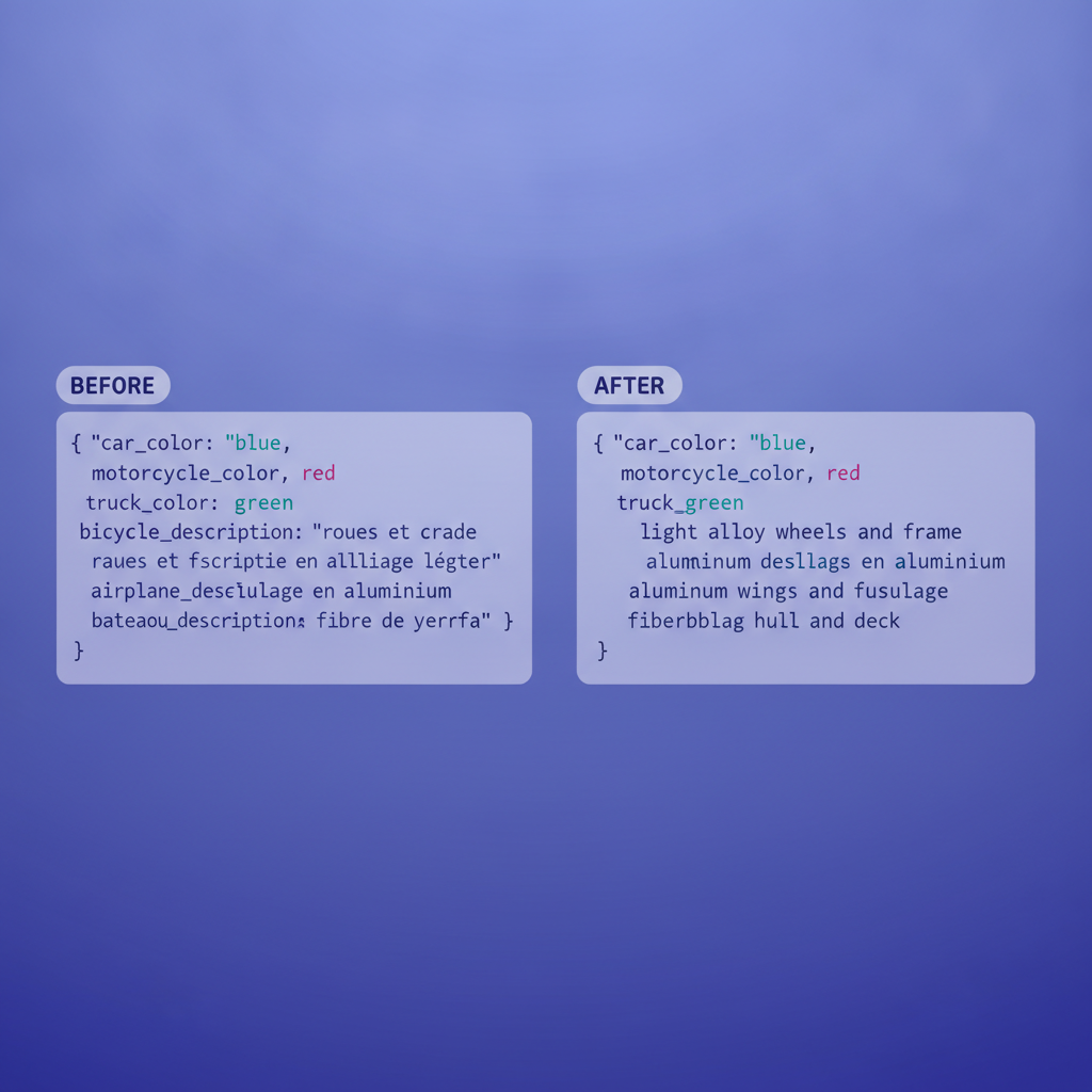 Side-by-side code blocks showing a before and after of a machine-translation mistake, where a JSON field name was incorrectly translated, and the corrected version with only the description translated