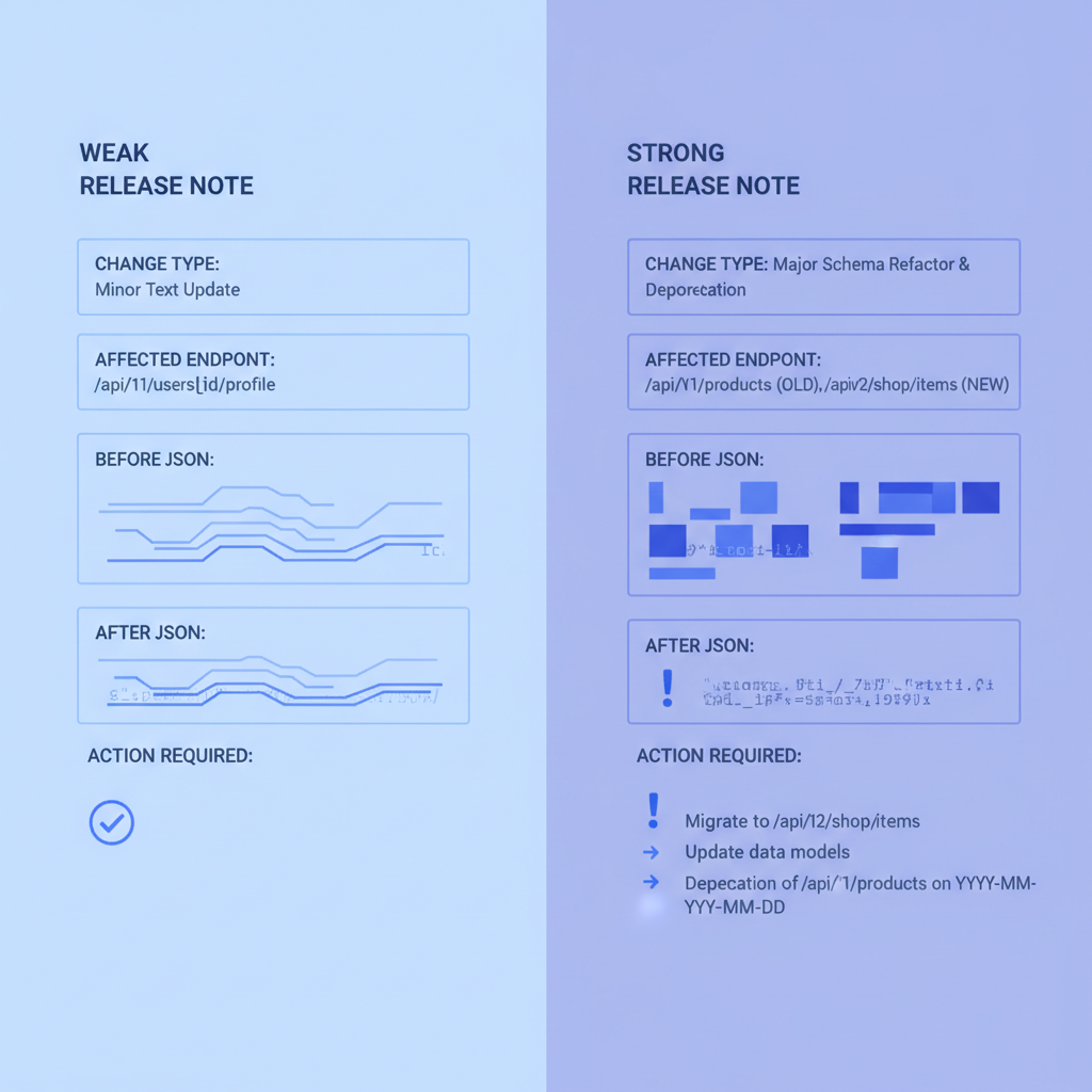 Side-by-side comparison of a weak API release note entry and a strong one, with labels highlighting the change type, affected endpoint, before/after JSON, and action required section
