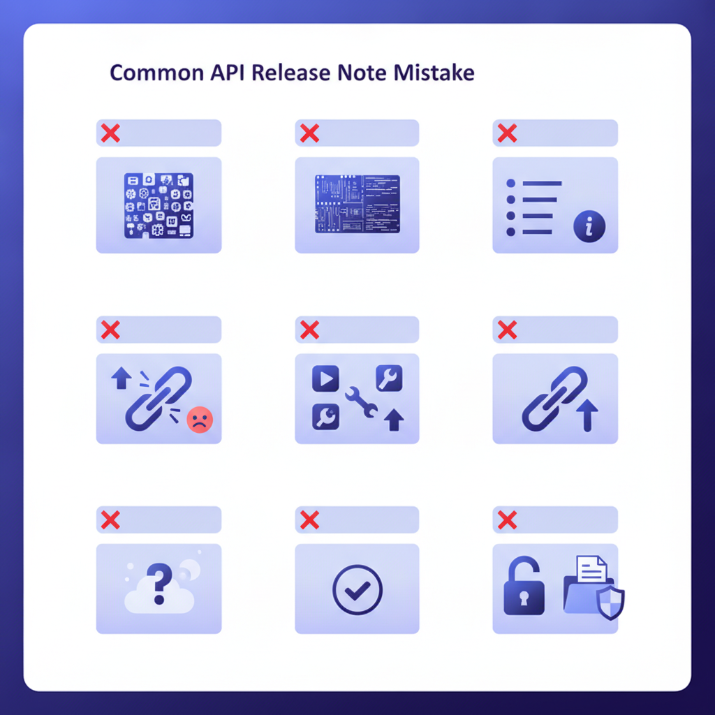 Checklist illustration showing five common API release note mistakes with a red cross next to each, and a corrected version below each mistake