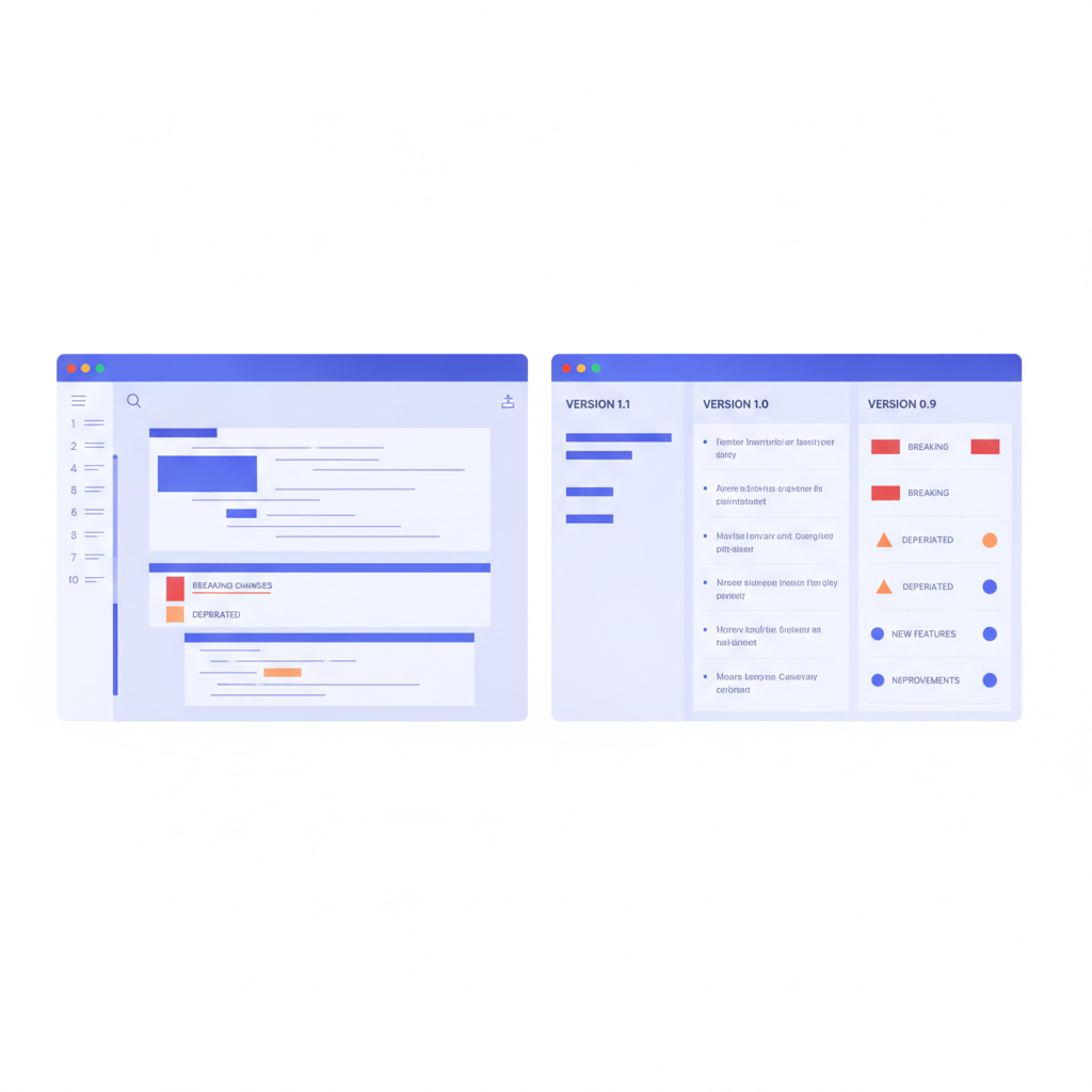 A split-pane view of an API Blueprint changelog document in the Apidoke editor on the left, and the rendered three-column changelog reference on the right, showing BREAKING and DEPRECATED sections with colored severity tags