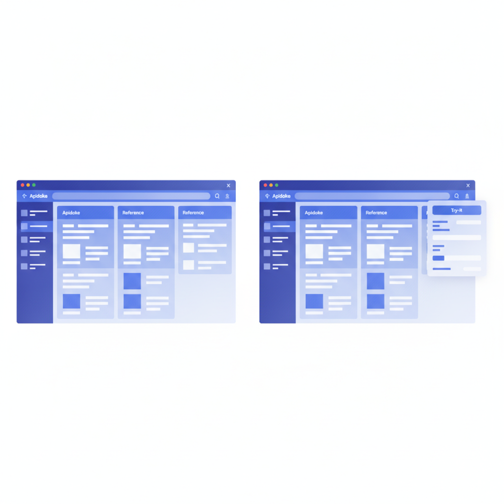 side-by-side browser screenshots showing the Apidoke 3-column reference layout with the try-it panel open on the right, no text overlay