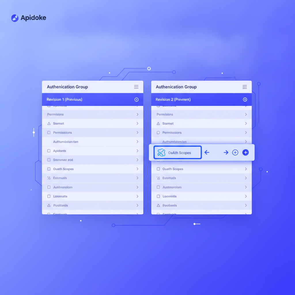 Apidoke version history panel showing two revisions of an authentication group, with the added OAuth scope highlighted in the diff view