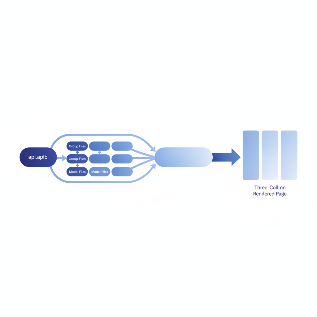 diagram showing a root api.apib file with arrows pointing to group files and model files, which merge into a single parsed document and then render as a three-column page