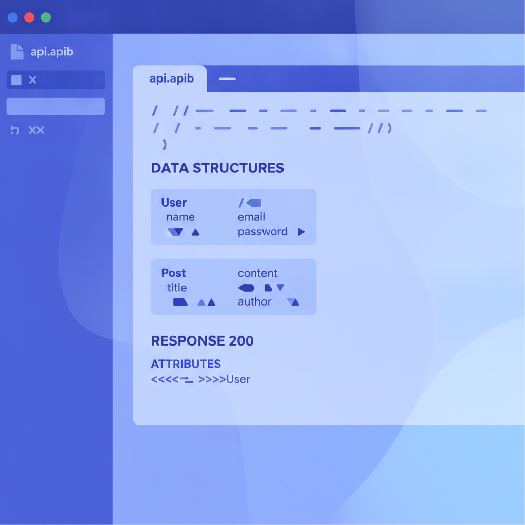 API Blueprint file in CodeMirror showing a Data Structures section with two defined types and a Response block using Attributes references