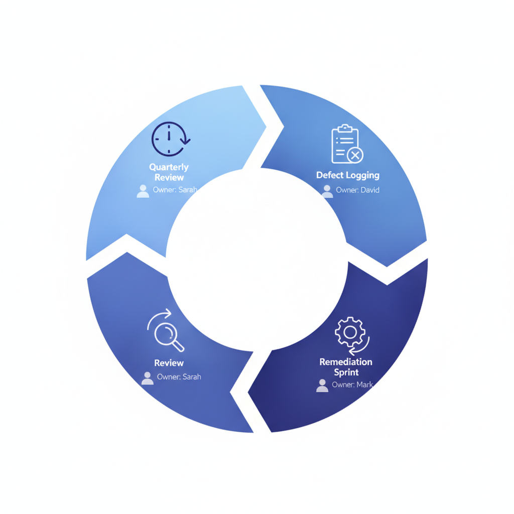 A simple audit cycle diagram showing quarterly review, defect logging, remediation sprint, and back to review, with owner names at each stage