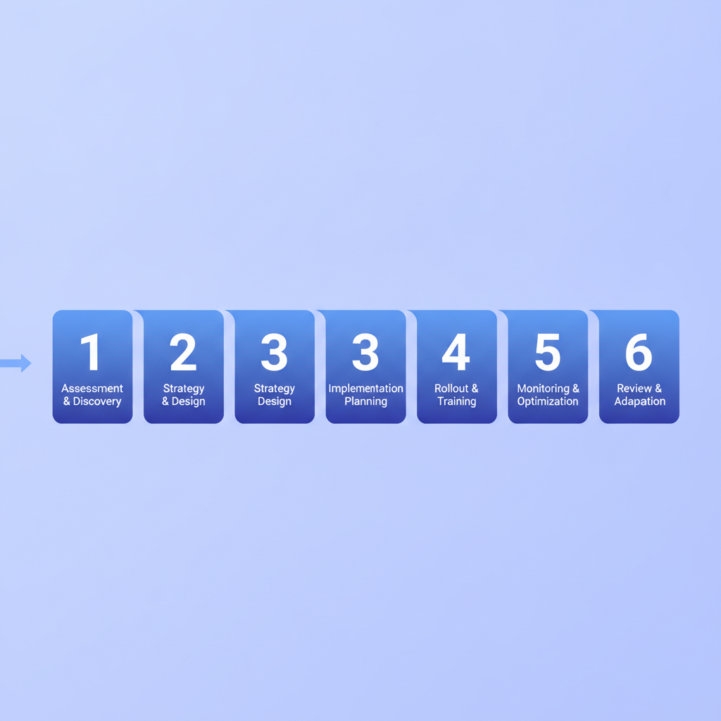 A six-step governance programme roadmap shown as a horizontal timeline, each step numbered and labelled in plain text, no icons