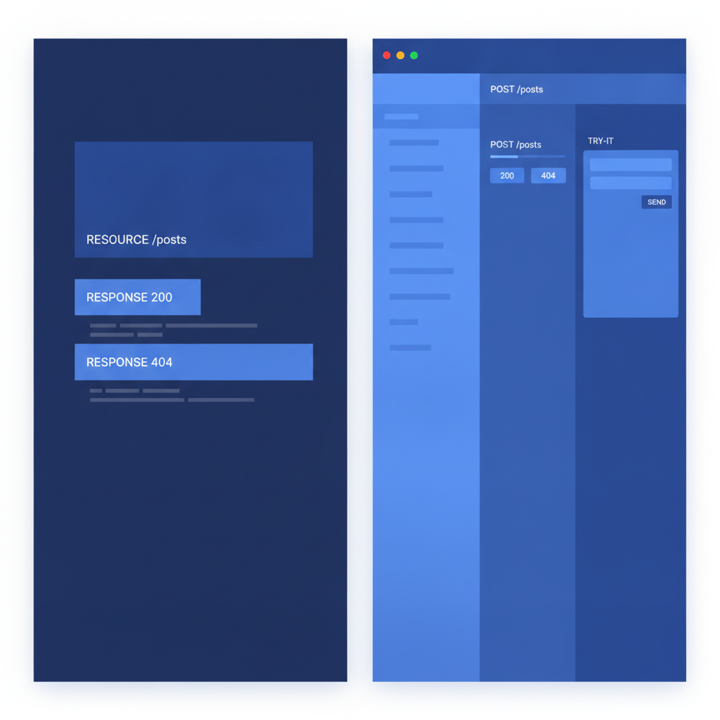 A split-screen showing an API Blueprint source file on the left with a resource and two response blocks, and the rendered three-column Apidoke viewer on the right with the try-it console open