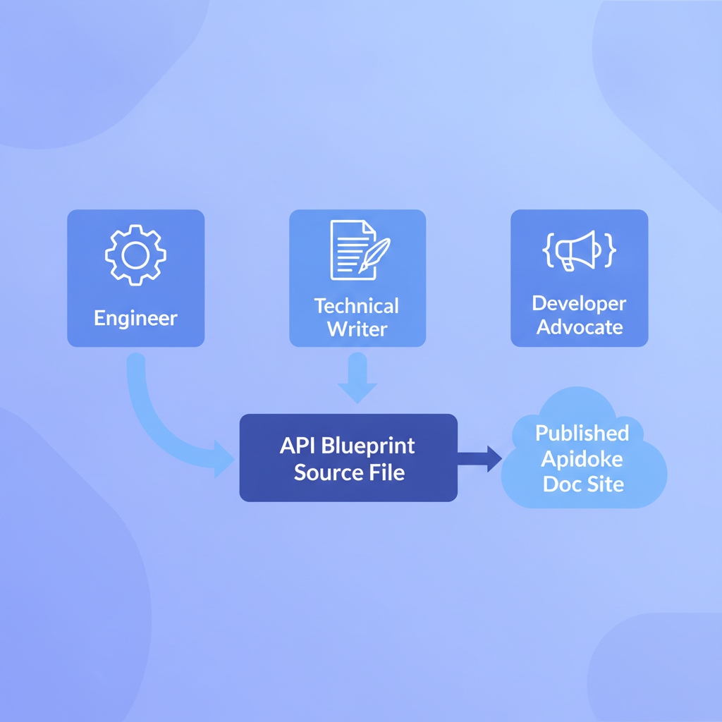 A simple three-column org chart showing Engineer, Technical Writer, and Developer Advocate feeding into a shared API Blueprint source file, with arrows pointing to a published Apidoke doc site